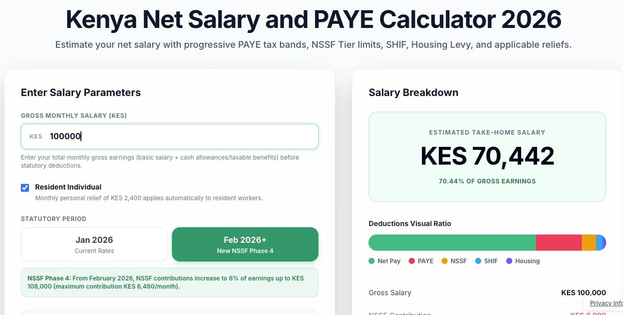 Screenshot of Statum's Kenya salary calculator with example inputs and a salary breakdown