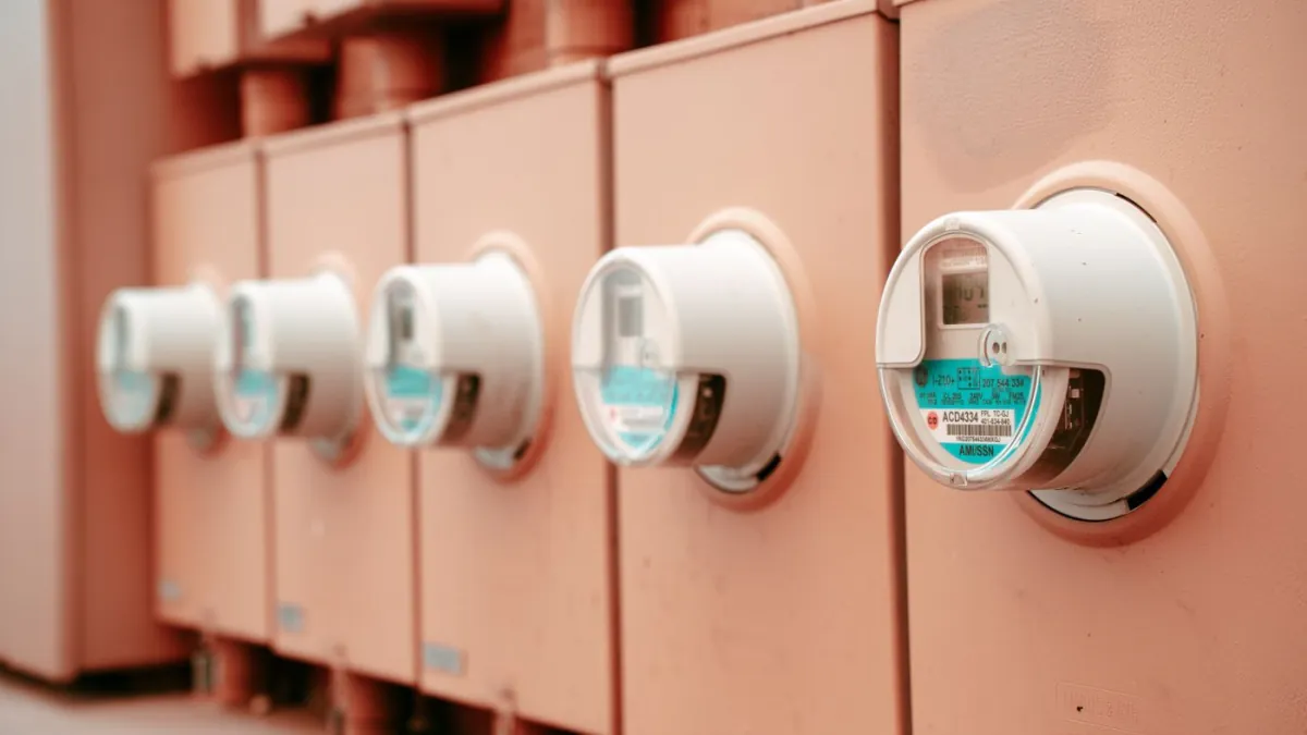 A row of electricity meters used to manage utility readings.