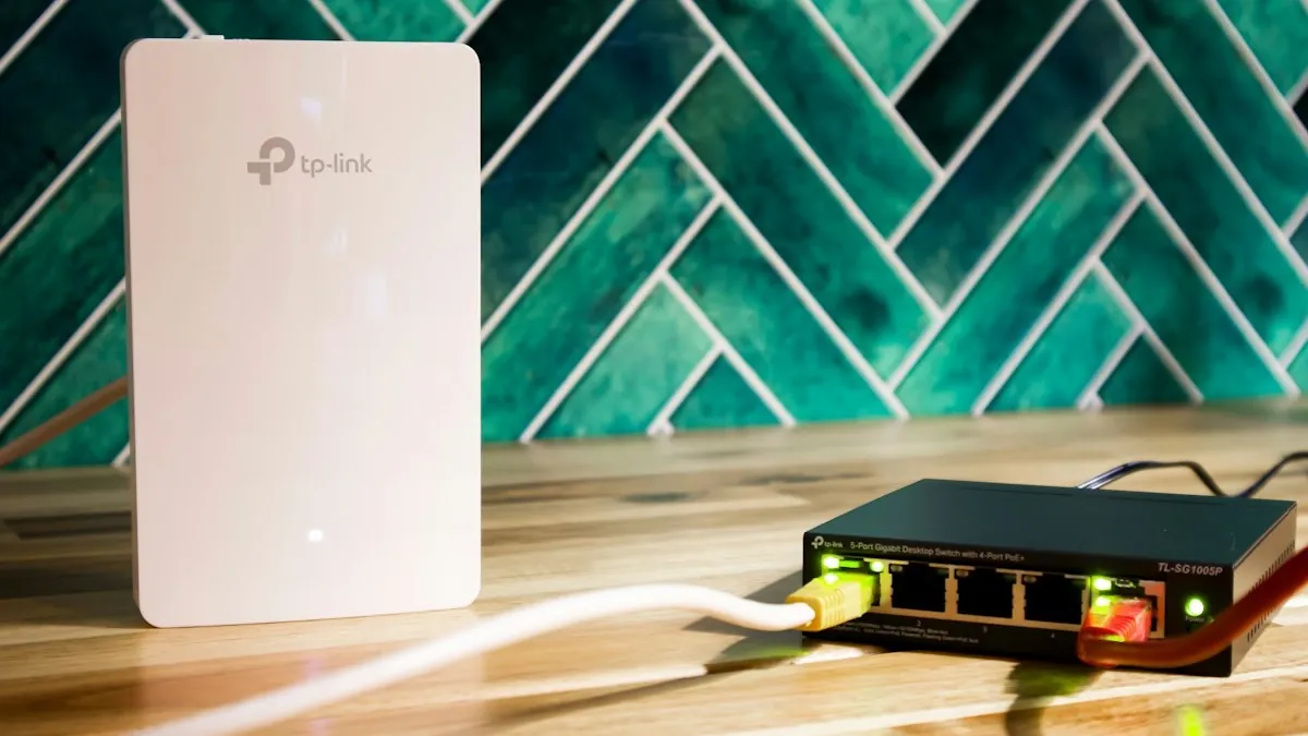 Ethernet cables connected to a network switch.
